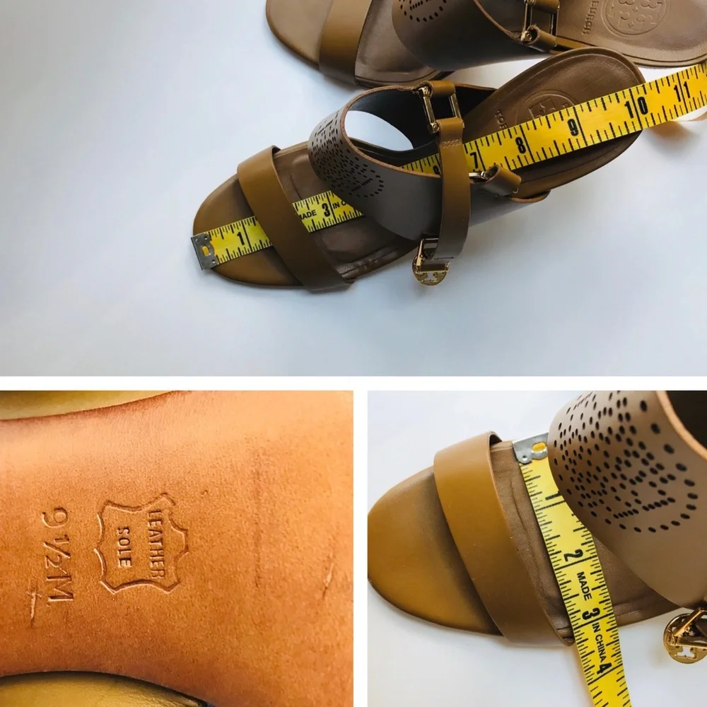 Tory Burch Tan Leather High Heel Sandals with Gold Accents